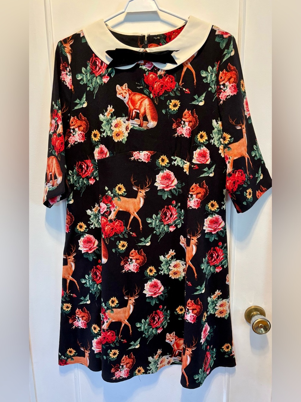 Black Floral & Woodland Animal Peter Pan Collar Dress